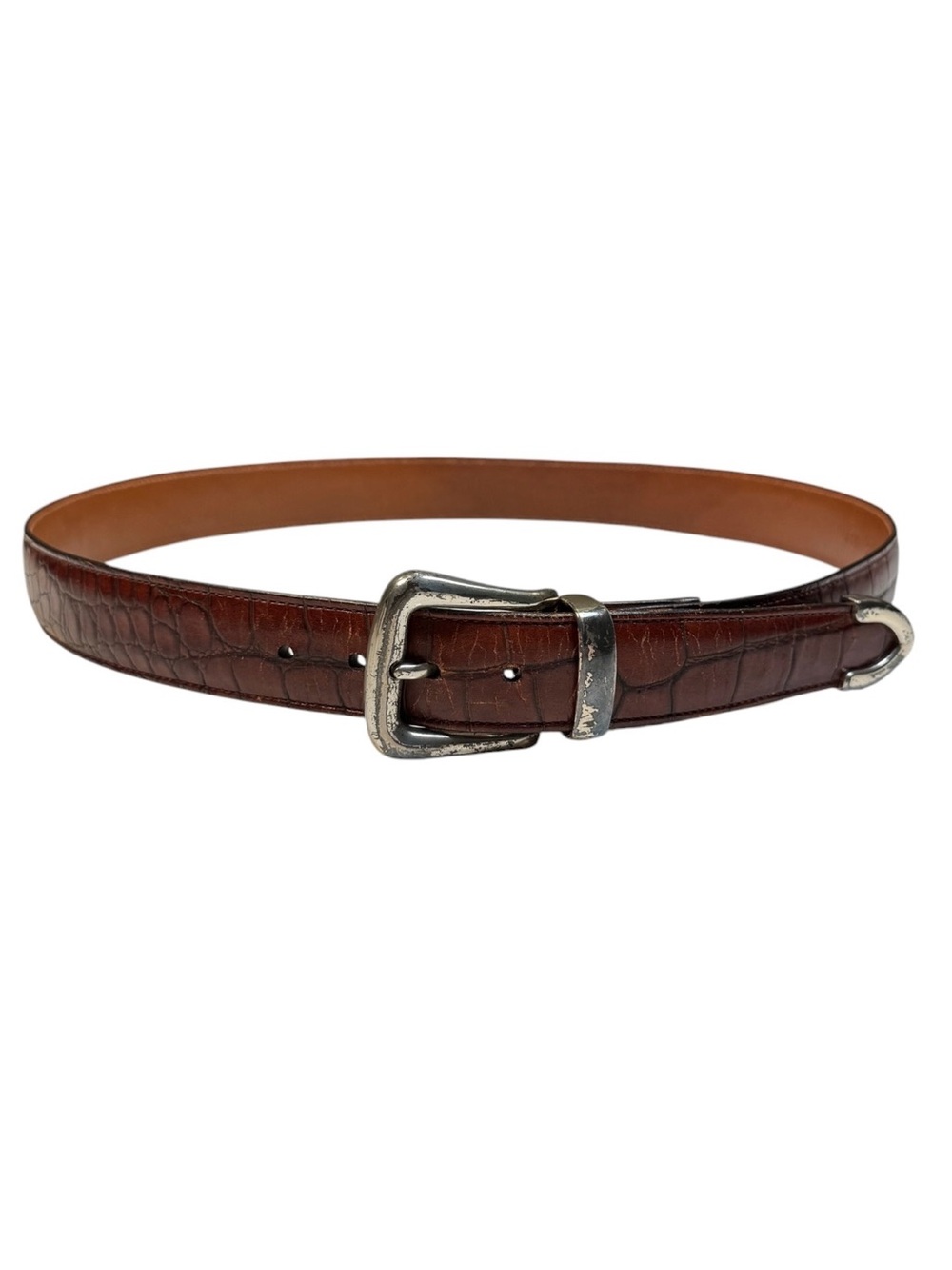 Talbots Mens Brown Croc Embossed Leather Men's Western Belt Silver Buckle USA 32